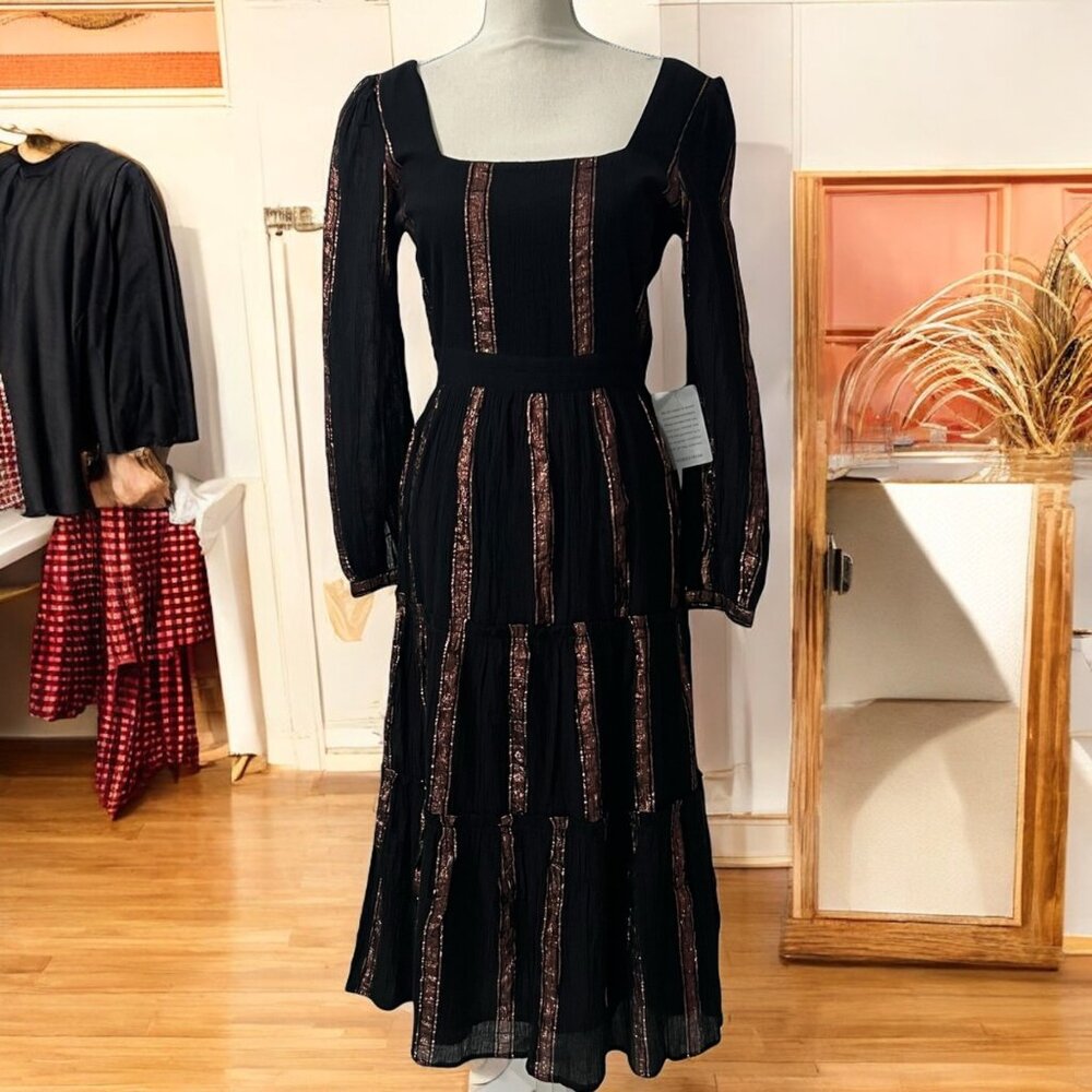 Adelyn‎ Rae Dark Romantic Festival Chic Striped Long Sleeve Tiered Midi Dress S
